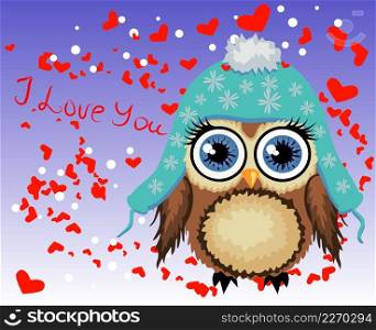 Lovely cartoon brown owl surrounded by hearts says I love you. Love in the air, Saint Valentine, postcard. Lovely cartoon brown owl surrounded by hearts says I love you. Love in the air, Saint Valentine,