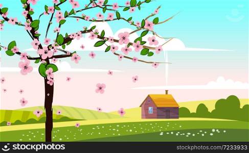 Lovely Countryside landscape farm house hut bloming tree green hills fields, nature, bright color blue sky. Lovely Countryside landscape farm house hut bloming tree green hills fields, nature, bright color blue sky. Spring, summer country scenery panorama agriculture, farming. Vector illustration cartoon style isolated