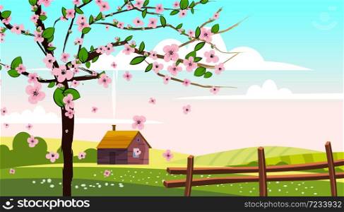 Lovely Countryside landscape farm house hut fence bloming tree green hills fields, nature, bright color blue sky. Lovely Countryside landscape farm house hut fence bloming tree green hills fields, nature, bright color blue sky. Spring, summer country scenery panorama agriculture, farming. Vector illustration cartoon style isolated