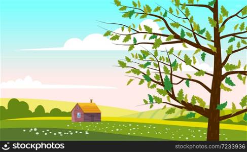 Lovely Countryside landscape farm house hut spring tree green hills fields, nature, bright color blue sky. Lovely Countryside landscape farm house hut spring tree green hills fields, nature, bright color blue sky. Spring, summer country scenery panorama agriculture, farming. Vector illustration cartoon style isolated