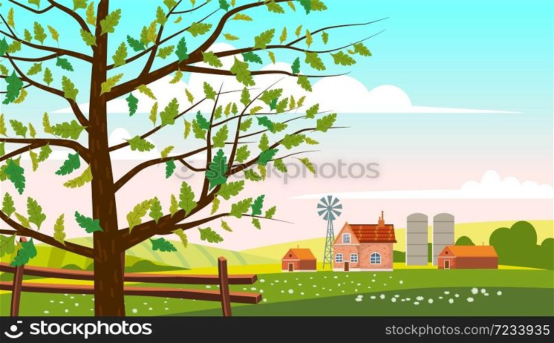 Lovely Countryside landscape farm village farm spring tree green hills fields, nature, bright color blue sky.. Lovely Countryside landscape farm village farm spring tree green hills fields, nature, bright color blue sky. Spring, summer country scenery panorama agriculture, farming. Vector illustration cartoon style isolated