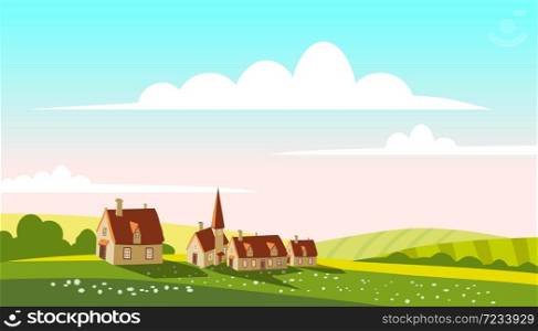 Lovely Countryside landscape village farm green hills fields, nature, bright color blue sky. Spring, summer country scenery panorama agriculture, farming. Vector illustration cartoon style isolated