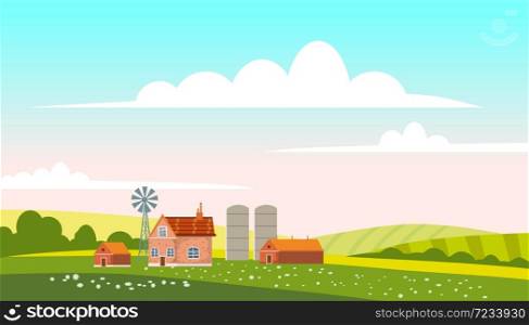 Lovely Countryside landscape village farm green hills fields, nature, bright color blue sky. Lovely Countryside landscape village farm green hills fields, nature, bright color blue sky. Spring, summer country scenery panorama agriculture, farming. Vector illustration cartoon style isolated