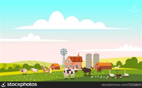 Lovely Countryside landscape village farm green hills fields, nature, bright color blue sky. Spring, summer country scenery panorama agriculture, farming. Vector illustration cartoon style isolated. Lovely Countryside landscape village farm green hills fields, nature, bright color blue sky. Spring, summer country scenery panorama agriculture, farming animals farm cows, duck, ram, sheeps. Vector illustration