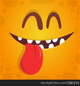 Lovely cute cartoon monster face with hanging tongue. Vector Halloween orange monster