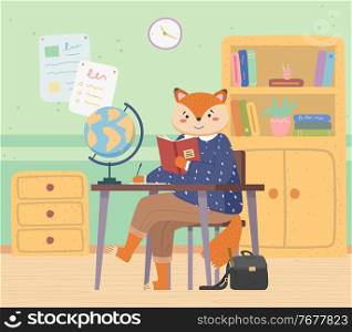 Lovely cute fox schoolgirl with handbag sitting at a desk, reading exercises, came to study at a geography class with bookshelf and a globe. Back to school concept. Funny cartoon animal student. Fox schoolgirl with handbag sitting at a desk, reading exercises, came to study at a geography class