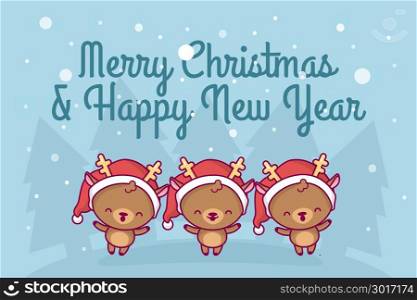 Lovely cute kawaii chibi. a group of deer sing a song under a snowfall. Merry christmas and a happy new year. greeting card.