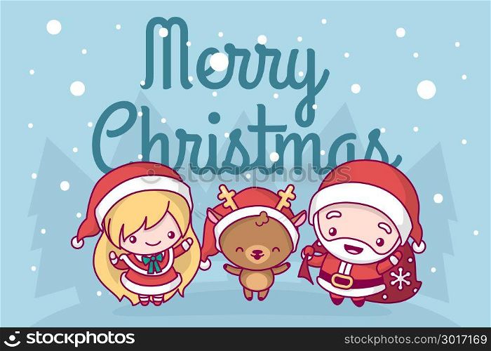 Lovely cute kawaii chibi. a group of deer singing a Snow Maiden song are under a snowfall. Merry christmas and a happy new year. greeting card.
