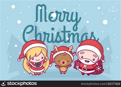 Lovely cute kawaii chibi. a group of deer singing a Snow Maiden song are under a snowfall. Merry christmas and a happy new year. greeting card.