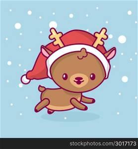 Lovely cute kawaii chibi. deer side view running under snow. Merry christmas and a happy new year.