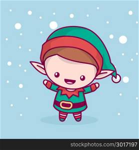 Lovely cute kawaii chibi. elf rejoices under the snow. Merry christmas and a happy new year