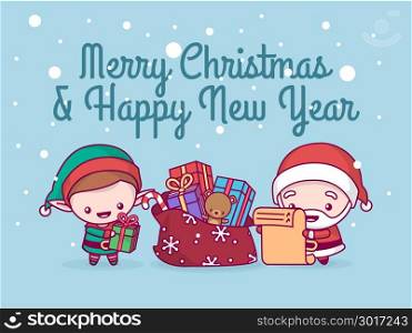 Lovely cute kawaii chibi. santa claus and an elf under a snowfall collect gifts in a bag on the list. Merry christmas and a happy new year. greeting card.