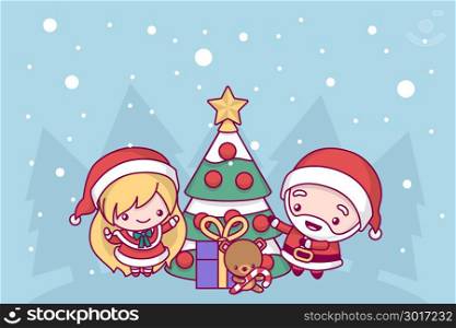 Lovely cute kawaii chibi. Santa Claus and Snow Maiden decorate the New Year tree under the snow. Merry christmas and a happy new year. greeting card.