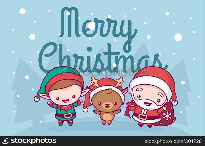 Lovely cute kawaii chibi. santa claus, deer and elf under the snow. Merry christmas and a happy new year. greeting card.