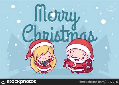 Lovely cute kawaii chibi Santa claus with a bag of gifts and a Snow Maiden are under a snowfall. Merry Christmas. greeting card.