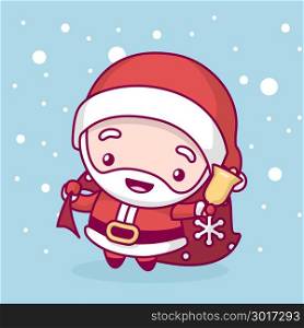 Lovely cute kawaii chibi. santa claus with a bag of gifts and a bell under a snowfall. Merry christmas and a happy new year.
