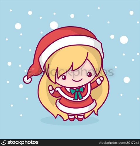 Lovely cute kawaii chibi. Snow Maiden waving his hand under the snow. Merry christmas and a happy new year.