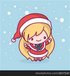 Lovely cute kawaii chibi. Snow Maiden waving his hand under the snow. Merry christmas and a happy new year.