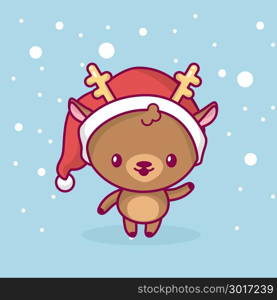 Lovely cute kawaii chibi. The deer is standing and waving his hand under the snow. Merry christmas and a happy new year.