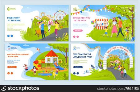 Lovely day and spring festival in amusement park, childrens playground, parents walking with boy and girl, ferris wheel and roller coaster vector. Website or webpage template, landing page flat style. Family Leisure in Park, Spring Festival Vector
