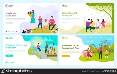 Lovely day at park, spring festival, children playground and welcome to amusement festival vector cartoon people web pages, entertainment outdoors. Website or webpage template landing page in flat. Lovely Day Park, Spring Festival, Child Playground