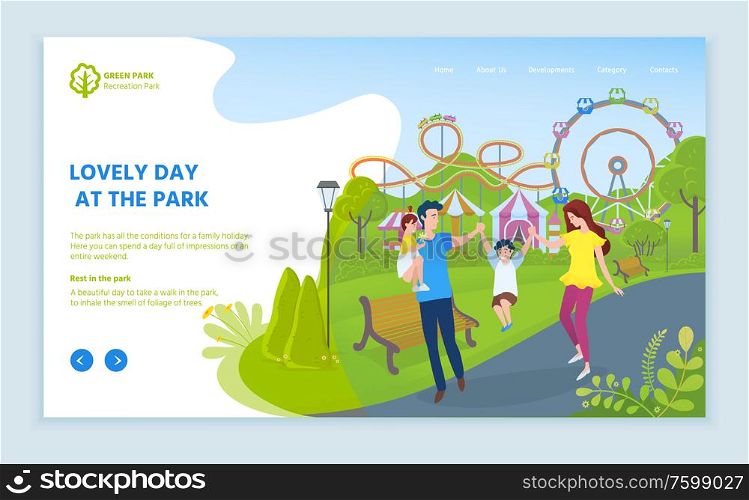 Lovely day at park vector, family spending time with kid, parenting and child. Ferris wheel and carousels for adults and kiddos fun weekends. Website or webpage template, landing page flat style. Lovely Day at Park, Family with Child Amusement