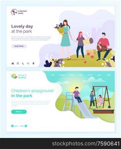 Lovely day in park vector, children playground kids playing with mother. Boy and girl on swings, sandbox with shovel and bucket for castles making. Website or webpage template, landing page flat style. Lovely Day in Park and Children Playground Set
