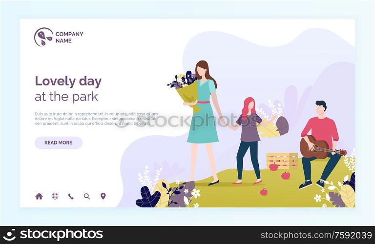 Lovely day in park vector, man playing, guitar, guitarist with musical instrument, kid walking with mother. Woman holding bouquet and selling. Website or web page template, landing page flat style. Lovely Day in Park, Woman with Flowers and Girl