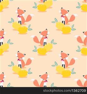 Lovely fox and lemon seamless pattern. Summer fruit and cute fox.