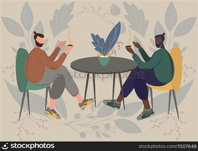 Lovely friends having cup of tea or coffee in cafe in front of table and plant. Flat modern vector illustration design. Friendship, family, love, tenderness, fun concept. Floral background