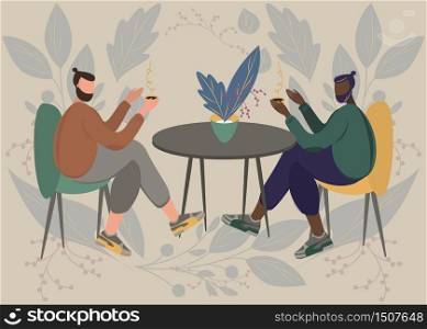 Lovely friends having cup of tea or coffee in cafe in front of table and plant. Flat modern vector illustration design. Friendship, family, love, tenderness, fun concept. Floral background