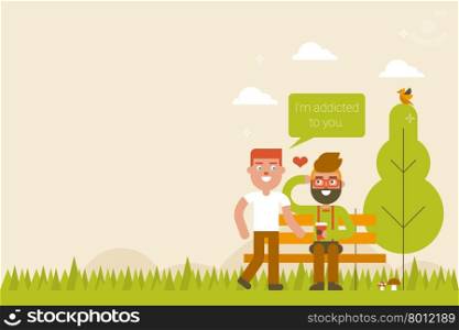 Lovely gay couple in park in spring season, valentine&rsquo;s day concept