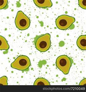 Lovely hand drawn seamless pattern with avocados and watercolor spray. Perfect design for packaging, gift wrap, wallpapers, fabric, scrapbooking paper and any type of printed products.