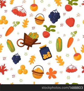 Lovely harvest autumn seamless pattern Vector Food Background with Fruits and Vegetables, Pumpkin, Corn, Grapes, Apple, Carrot, Leaves.. Lovely harvest autumn seamless pattern Vector Food Background with Fruits and Vegetables, Pumpkin, Corn, Grapes, Apple, Carrot, Leaves