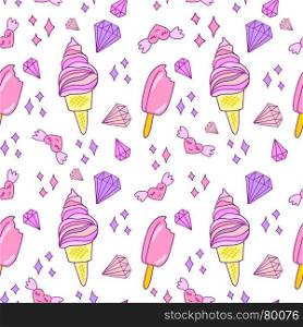 Lovely ice cream cones seamless background pattern. Vector illustration. Cute pink and violet seamless pattern with ice cream cones, hearts, crystals and esckimo.Vector background for textile, print, child cloth, wallpaper, wrapping. Girly illustration in soft pink colors.