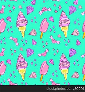 Lovely ice cream cones seamless background pattern. Vector illustration. Cute pink and violet seamless pattern with ice cream cones, hearts, crystals and esckimo.Vector background for textile, print, child cloth, wallpaper, wrapping. Girly illustration in soft pink colors.