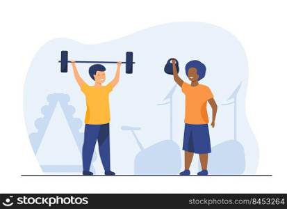 Lovely kids training in gym together. Dumbbell, child, health flat vector illustration. Fitness and sport activity concept for banner, website design or landing web page