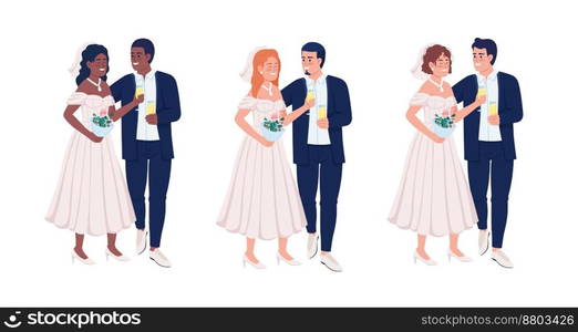 Lovely newlyweds with sparkling wine semi flat color vector characters set. Editable figures. Full body people on white. Simple cartoon style illustration collection for web graphic design, animation. Lovely newlyweds with sparkling wine semi flat color vector characters set