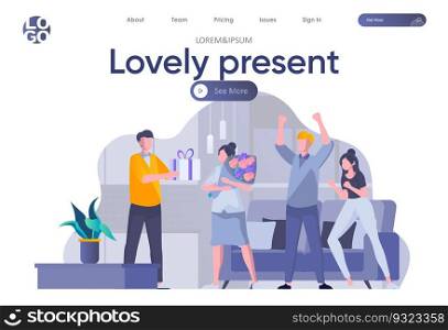 Lovely present landing page with header. Friends celebrating birthday and giving gift to girl scene. People relationships and friendship, happy birthday congratulation flat vector illustration.