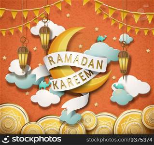 Lovely Ramadan Kareem design in paper art style, crescent and decorative plates on orange background. Lovely Ramadan Kareem design