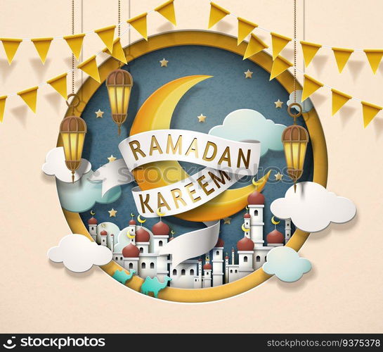 Lovely Ramadan Kareem design in paper art style, crescent and mosque scenery. Lovely Ramadan Kareem design