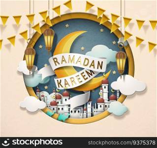 Lovely Ramadan Kareem design in paper art style, crescent and mosque scenery. Lovely Ramadan Kareem design