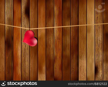 Lovely red heart hanging on the clothesline. On old wood background. + EPS8 vector file