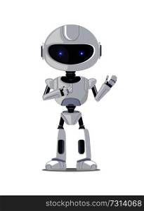 Lovely robot isolated on white background, vector illustration of smart pretty cyborg with lilac eyes and black elements standing with bent hands. Lovely Robot Isolated on White Vector Illustration