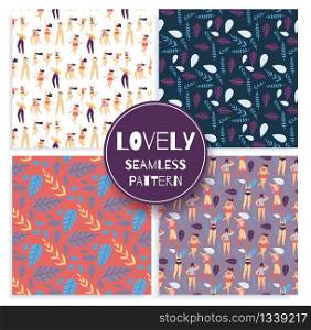 Lovely Seamless Pattern Set with Creative Inscription Motivational Body Positive Texture and Trendy Eco Herbal Wallpaper with Tropical Leaves Vector Flat Cartoon Illustration Happy Plus Size Women. Lovely Seamless Pattern Set Creative Inscription