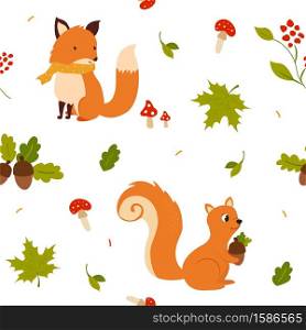 Lovely seamless pattern with cute fox ,squirrel and autumn leaves. Lovely seamless pattern with cute fox and squirrel