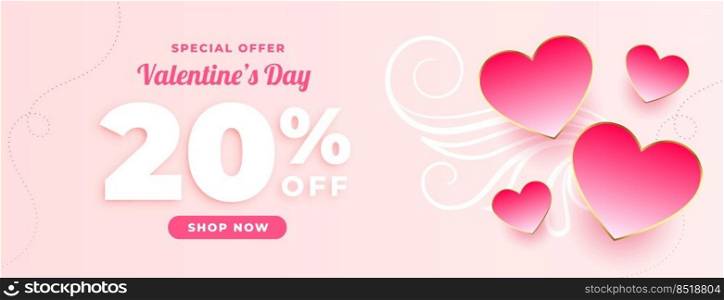 lovely valentines day discount and sale banner with pink hearts