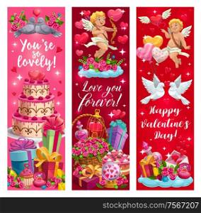 Lovely Valentines day greetings. Declaration of forever love, cupids, passion and dating symbols. Vector couples of doves, wedding cakes and flower bouquets, flasks with elixir and messages envelopes. Declarations of love, happy Valentines day cards