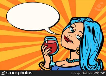 Lovely woman with a glass of wine. Comic cartoon pop art retro vector vintage illustration. Lovely woman with a glass of wine