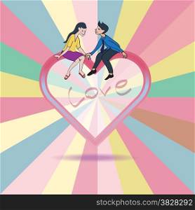 Lover express love on heart shape floating on rainbow background